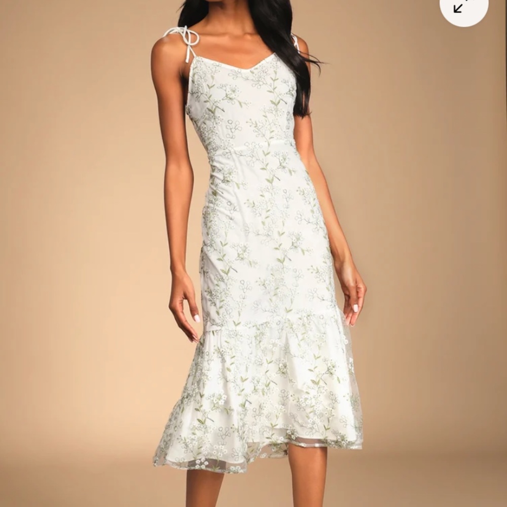 Lulu’s Absolutely Dreamy White Floral Embroidered Tie-Strap Midi Dres
